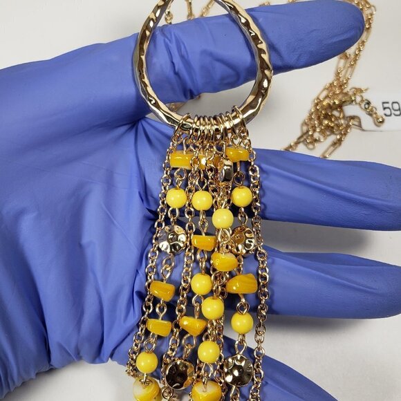 Gold Teardrop Infinity Tassel Necklace — Multi‑Strand Yellow Bead Accent Pendant - Picture 9 of 11